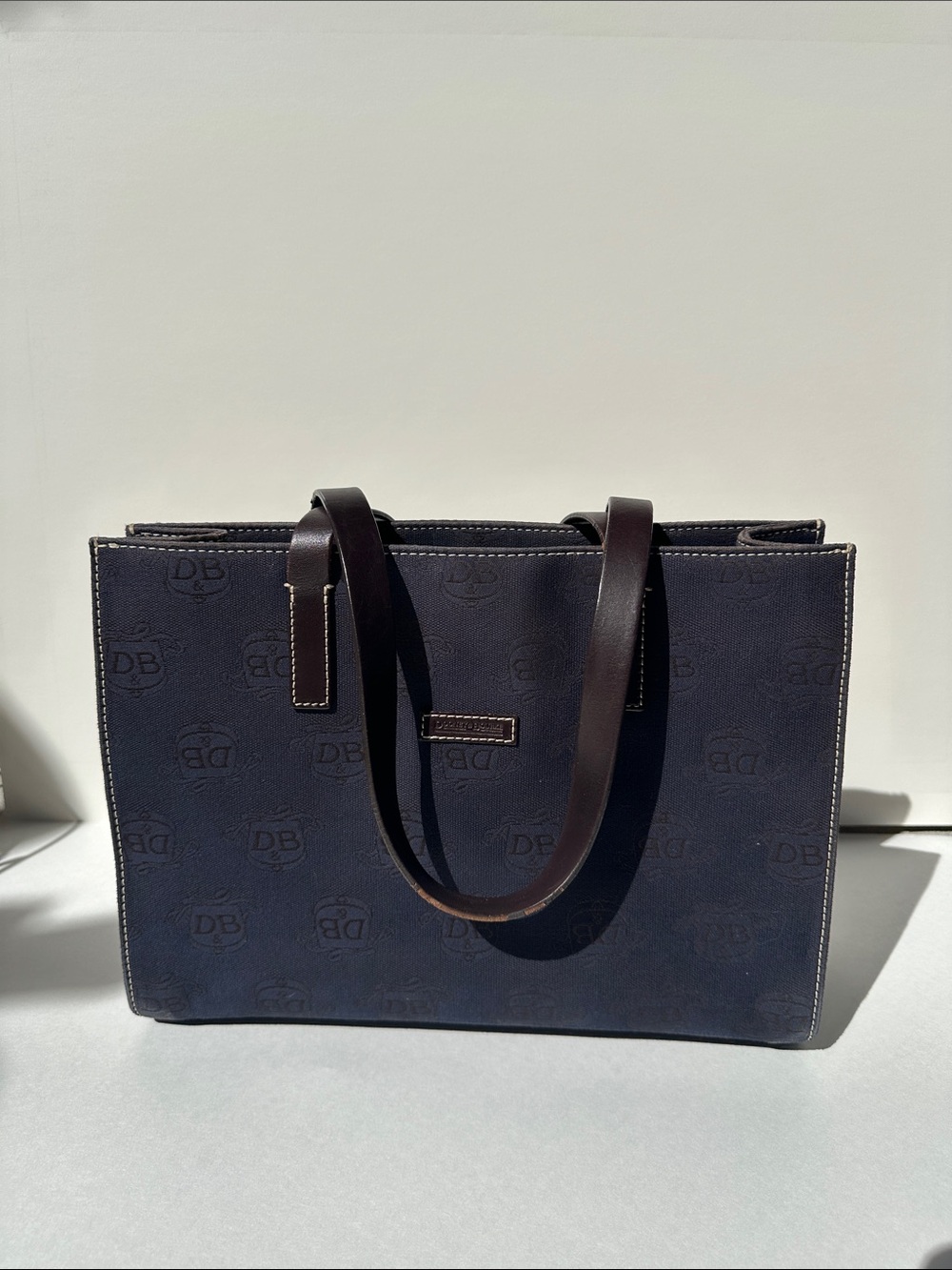 Dooney & Bourke Navy Logo Tote with Dark Brown Leather Straps